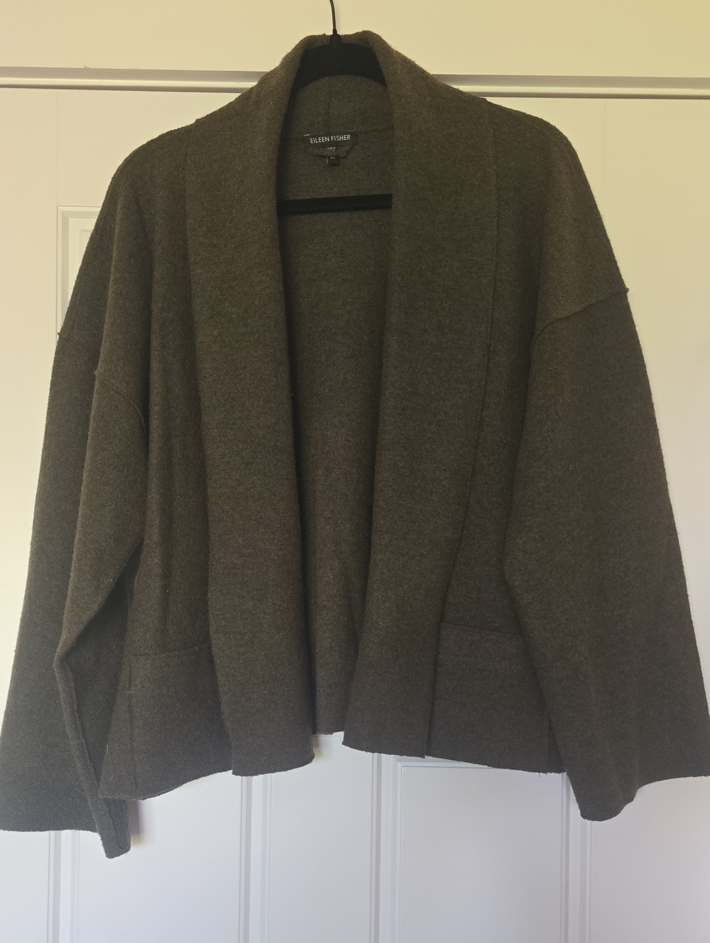Eileen Fisher Olive Green Shawl-Collar Wool Cardigan